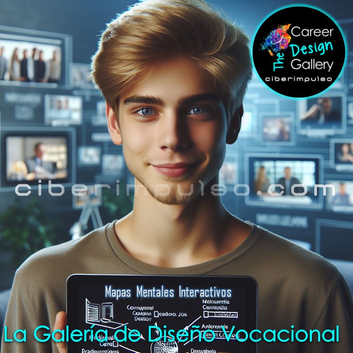 ¡Mapas multimedia interactivos agilizan tu búsqueda! Joven analizando carreras y encontrando su match profesional.