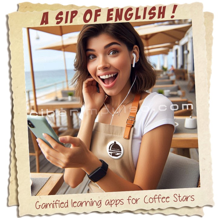 Barista is learning English on mobile with "English for Coffee Stars" app by Ciberimpulso