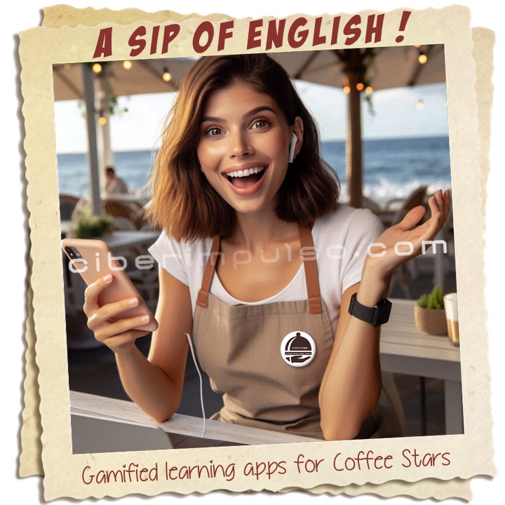 Barista is learning English on mobile with "English for Coffee Stars" app by Ciberimpulso