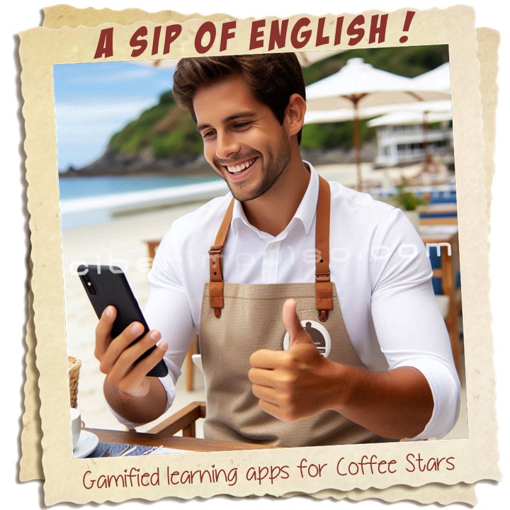 Barista is learning English on mobile with "English for Coffee Stars" app by Ciberimpulso