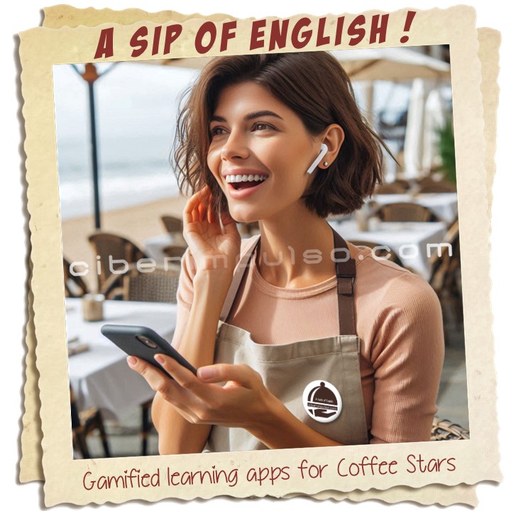 Barista is learning English on mobile with "English for Coffee Stars" app by Ciberimpulso
