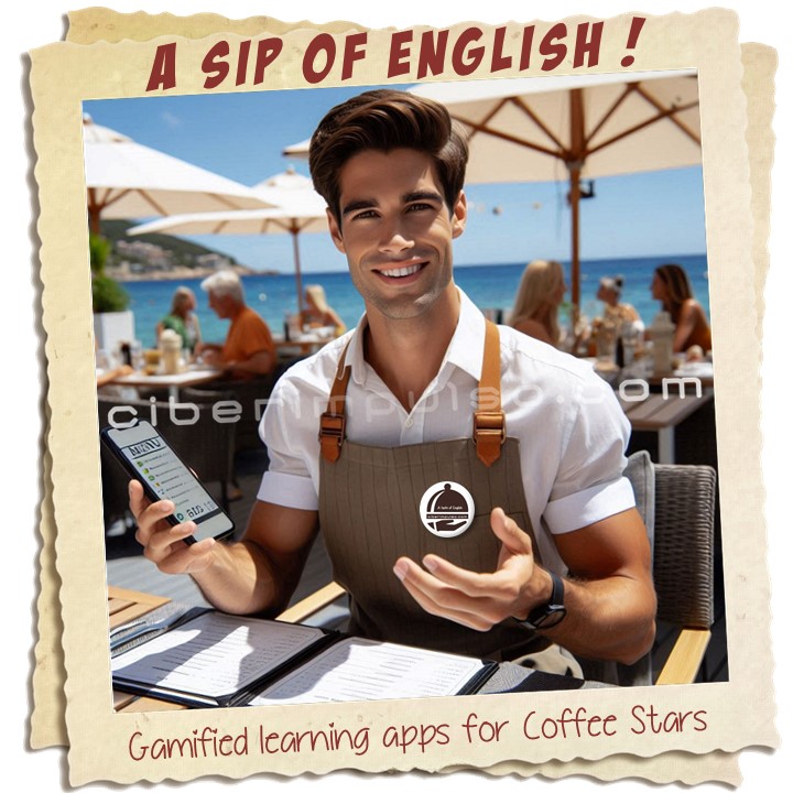 Barista is learning English on mobile with "English for Coffee Stars" app by Ciberimpulso