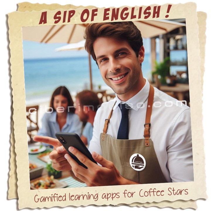 Barista is learning English on mobile with "English for Coffee Stars" app by Ciberimpulso