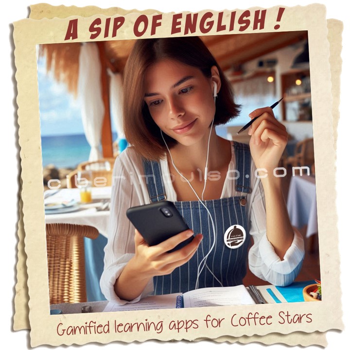 Barista is learning English on mobile with "English for Coffee Stars" app by Ciberimpulso