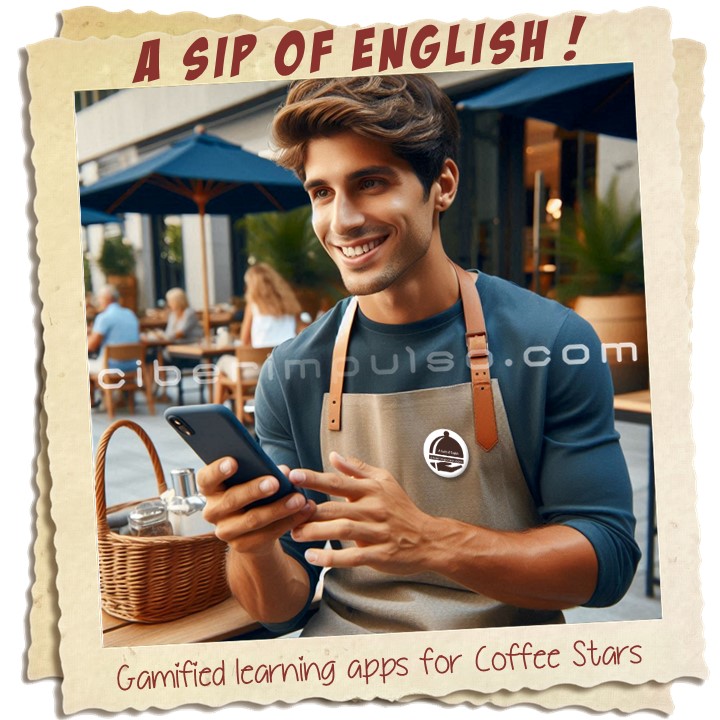 Barista is learning English on mobile with "English for Coffee Stars" app by Ciberimpulso