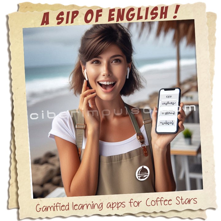 Barista is learning English on mobile with "English for Coffee Stars" app by Ciberimpulso