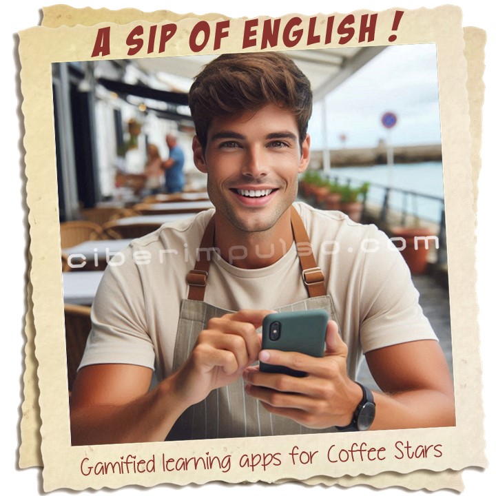 Barista is learning English on mobile with "English for Coffee Stars" app by Ciberimpulso