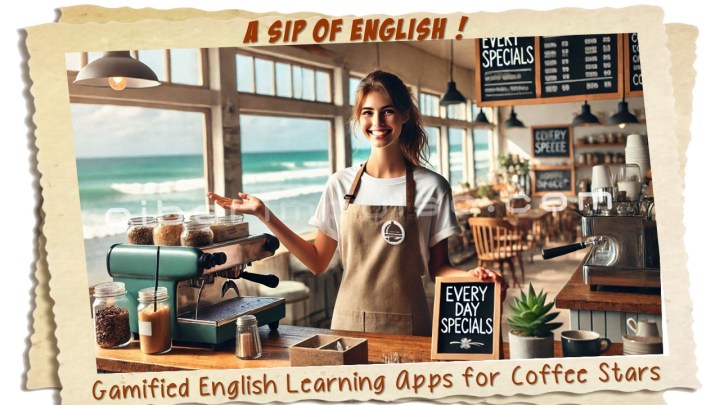 Barista promoting special at coffee shop, using English for Coffee Stars skills at work.